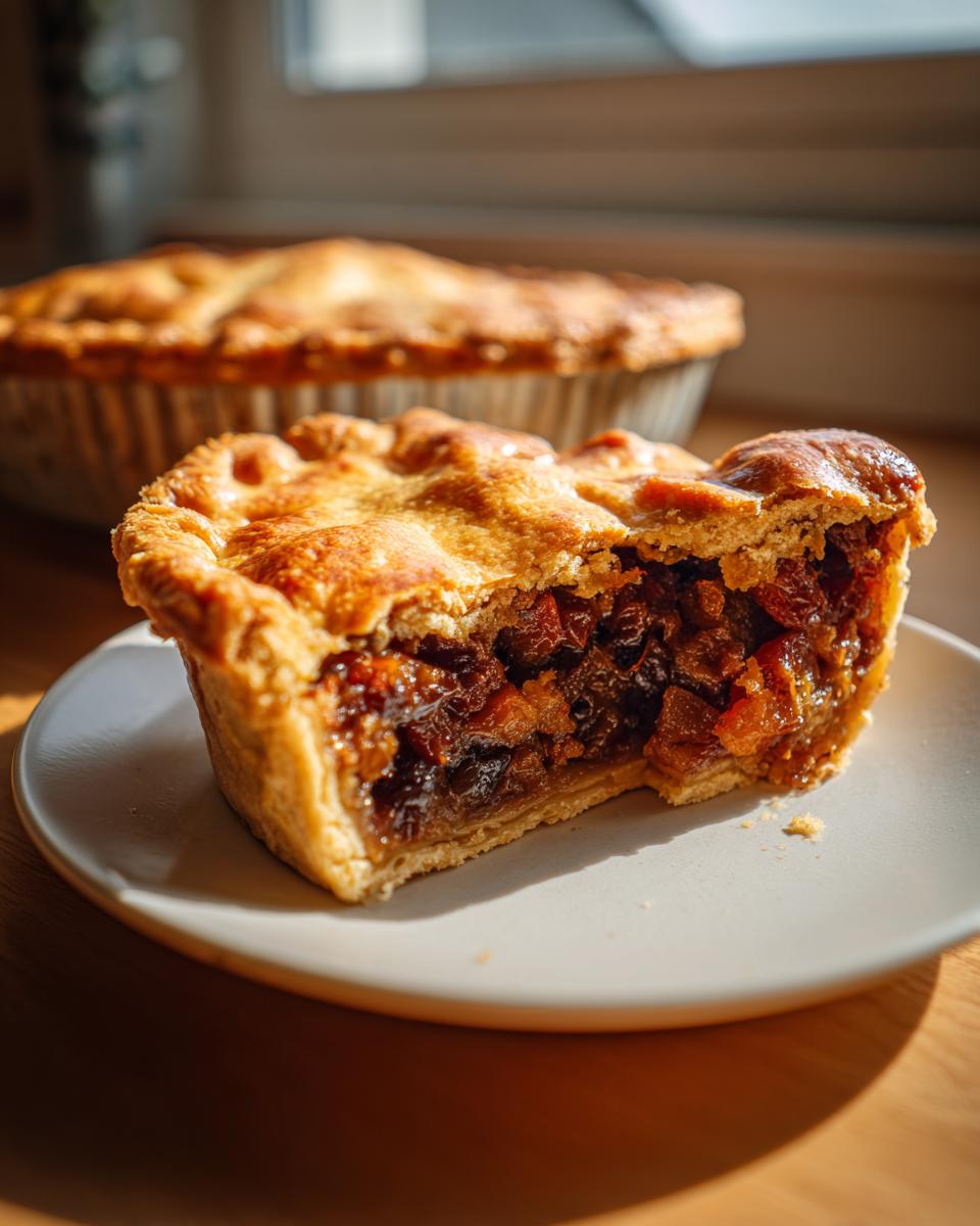 A close-up, cross-section view of a single serving mincemeat pie showing the rich, dark fruit filling inside a golden, flaky crust.