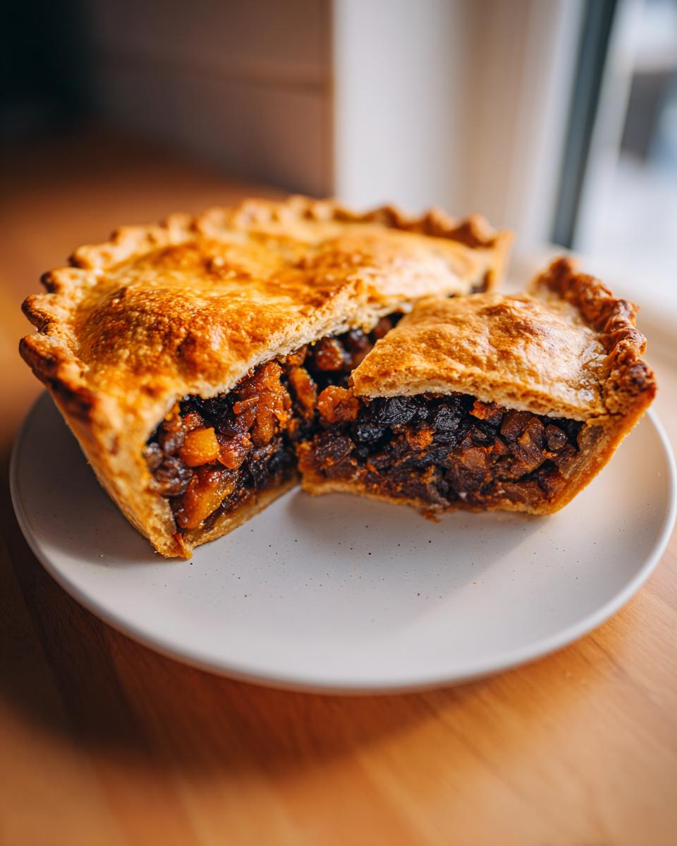 Close-up of a golden-crusted mincemeat pie cut in half, revealing the rich, dark fruit filling.