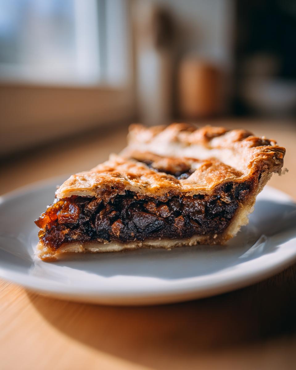 A close-up slice of juicy old fashioned mincemeat pie showing the rich, dark filling and golden crust.