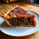 Close-up of a rich, dark slice of old fashioned mincemeat pie on a white plate, showing the filling and crust.