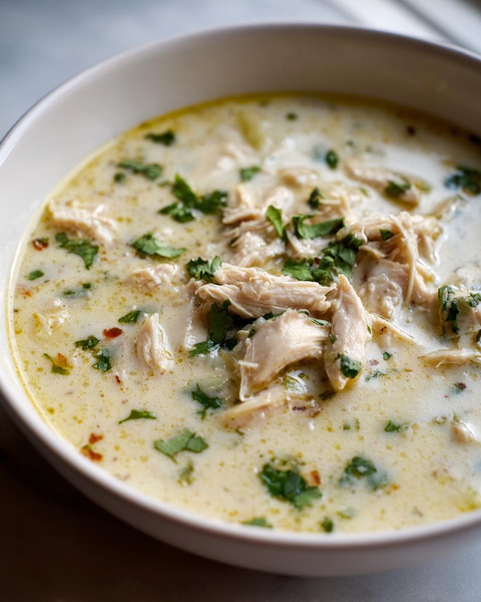 Close-up of a bowl of creamy keto white chicken chili topped with shredded chicken and fresh cilantro.