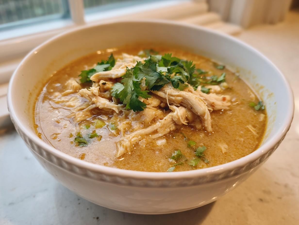 A close-up of a white bowl filled with rich, brothy keto white chicken chili, topped with shredded chicken and fresh cilantro.