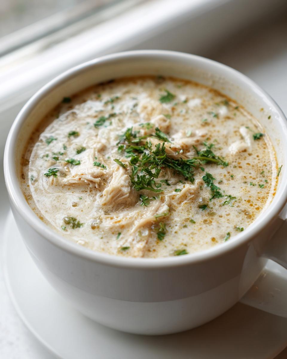 Close-up of a creamy bowl of keto white chicken chili, topped with shredded chicken and fresh parsley.