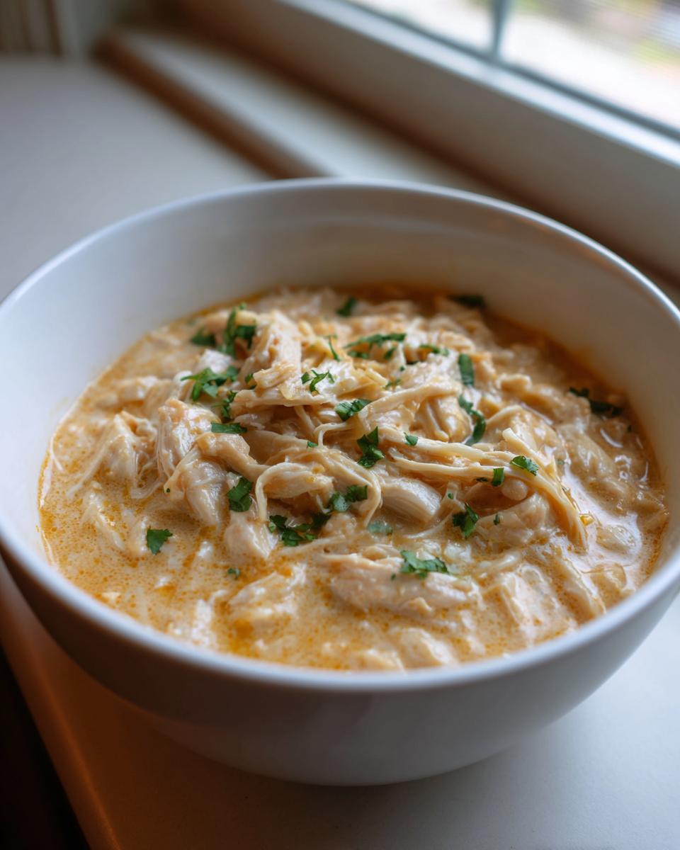 A close-up of a bowl of rich, creamy keto white chicken chili topped with fresh parsley.