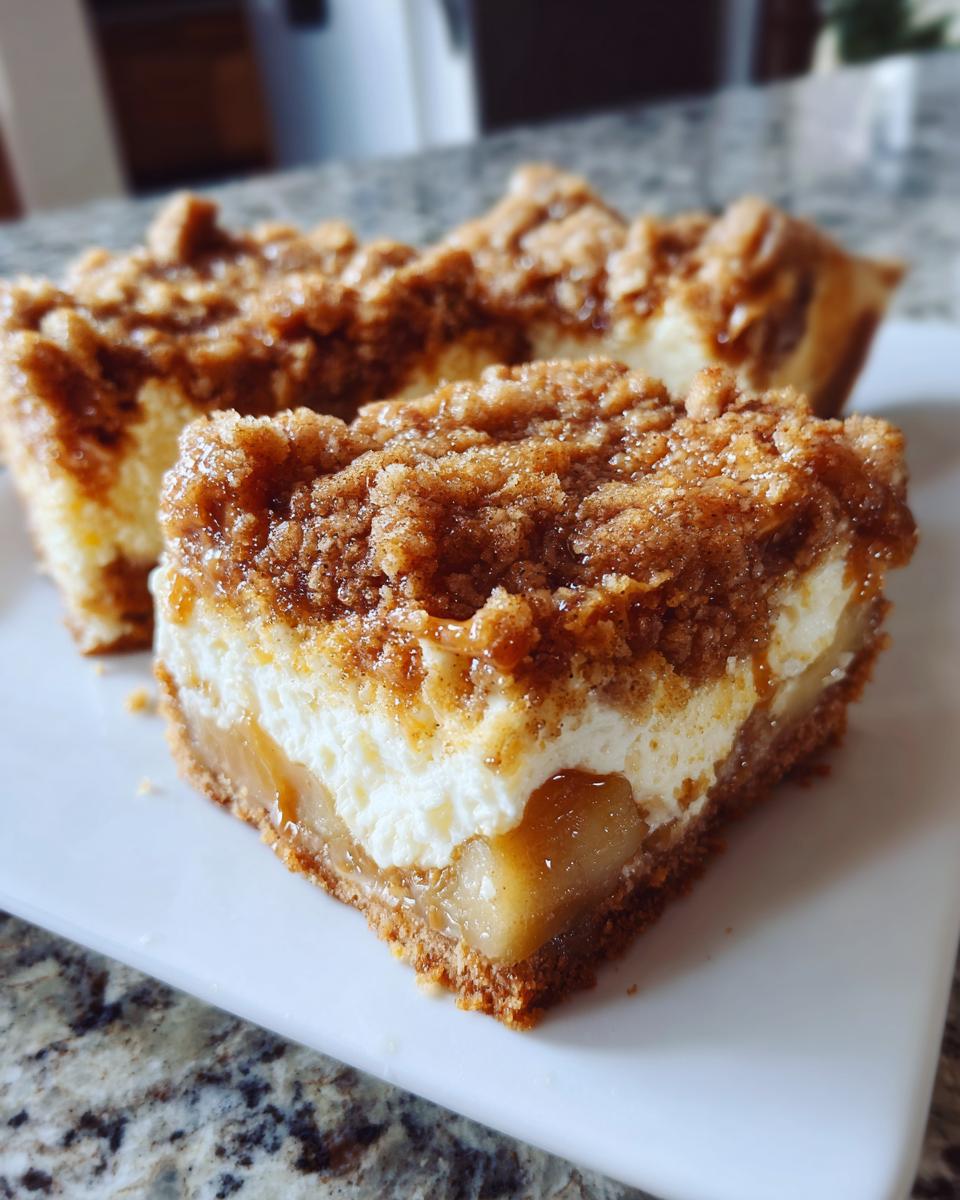 A close-up view of a thick slice of apple cheesecake bars showing the graham cracker crust, apple layer, cream cheese filling, and cinnamon crumble topping.