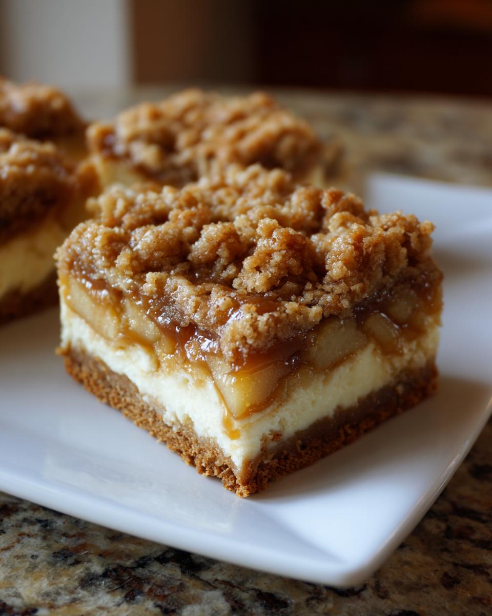 A close-up of a single serving of apple cheesecake bars showing the graham cracker crust, creamy layer, apple filling, and crumble topping.