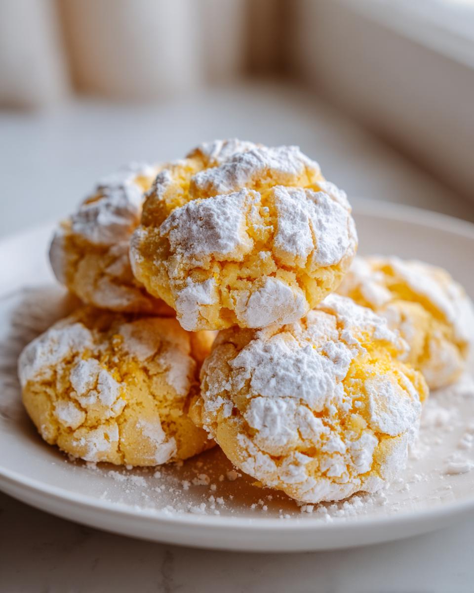 A close-up stack of bright yellow lemon crinkle cookies heavily dusted with white powdered sugar on a white plate.