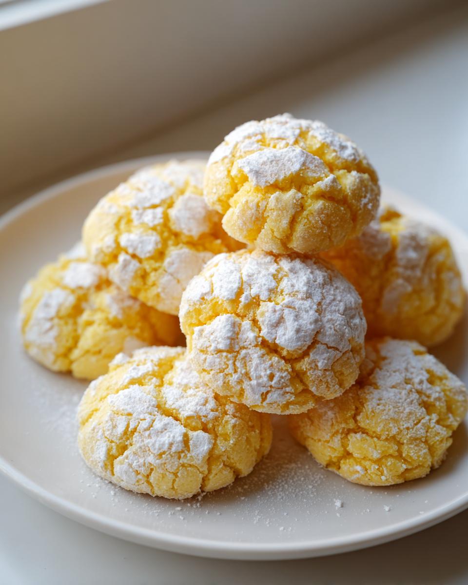 A beautiful stack of bright yellow lemon crinkle cookies heavily dusted with white powdered sugar.