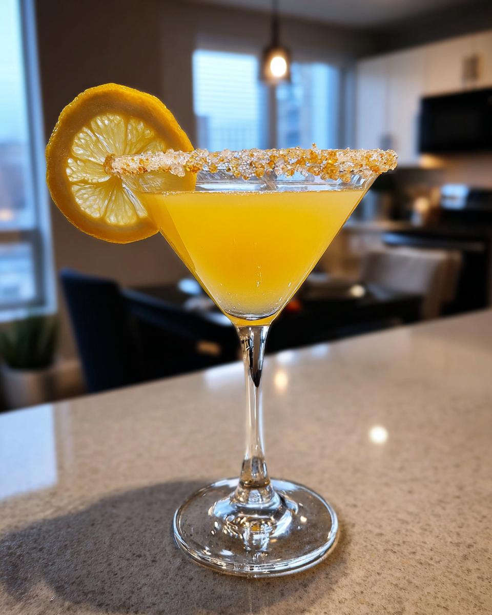 A bright yellow lemon drop cocktail in a martini glass with a sugar-rim and a lemon slice garnish.