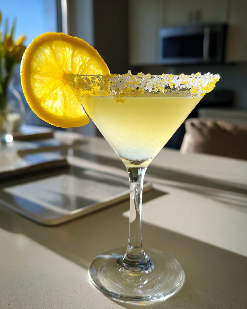 A bright yellow lemon drop cocktail in a martini glass with a sugar and zest rim and a lemon wheel garnish.