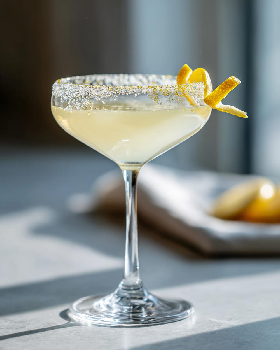 A bright, chilled lemon drop martini in a sugar-rimmed coupe glass, garnished with a lemon twist.