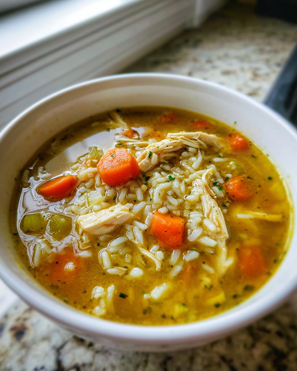 Close-up of a white bowl filled with Lemon Ginger Turmeric Chicken and Rice Soup, showing shredded chicken, rice, and bright orange carrots.