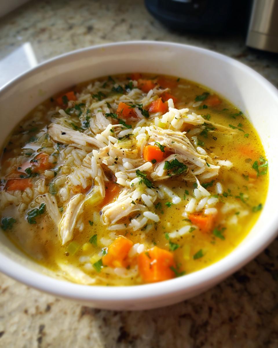 Close-up of a white bowl filled with vibrant Lemon Ginger Turmeric Chicken and Rice Soup, showing shredded chicken, rice, and carrots.