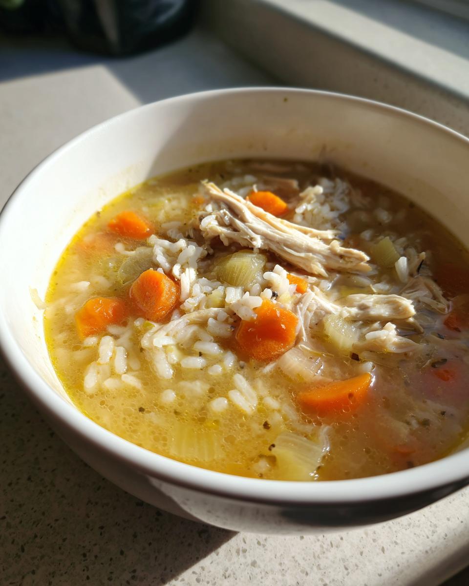 Close-up of a white bowl filled with Lemon Ginger Turmeric Chicken and Rice Soup, showing shredded chicken, rice, carrots, and celery in a golden broth.