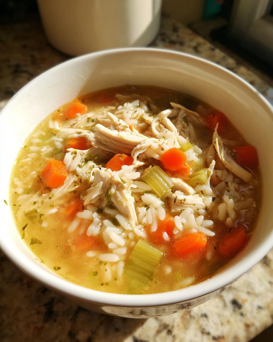 Close-up of a white bowl filled with Lemon Ginger Turmeric Chicken and Rice Soup, showing shredded chicken, rice, carrots, and celery.