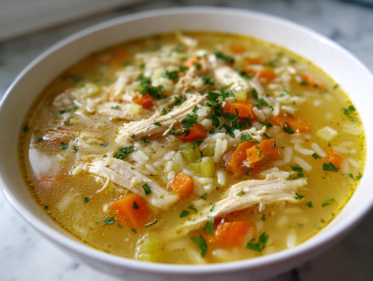 Close-up of a white bowl filled with Lemon Ginger Turmeric Chicken and Rice Soup, featuring shredded chicken, rice, carrots, and parsley.