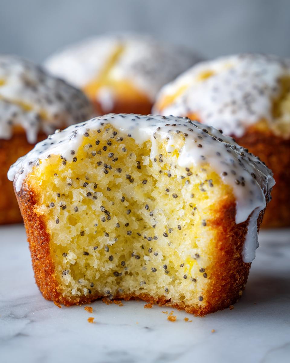 Close-up of a lemon poppy seed muffin with a bite taken out, showing the moist interior and thick lemon glaze topped with poppy seeds.