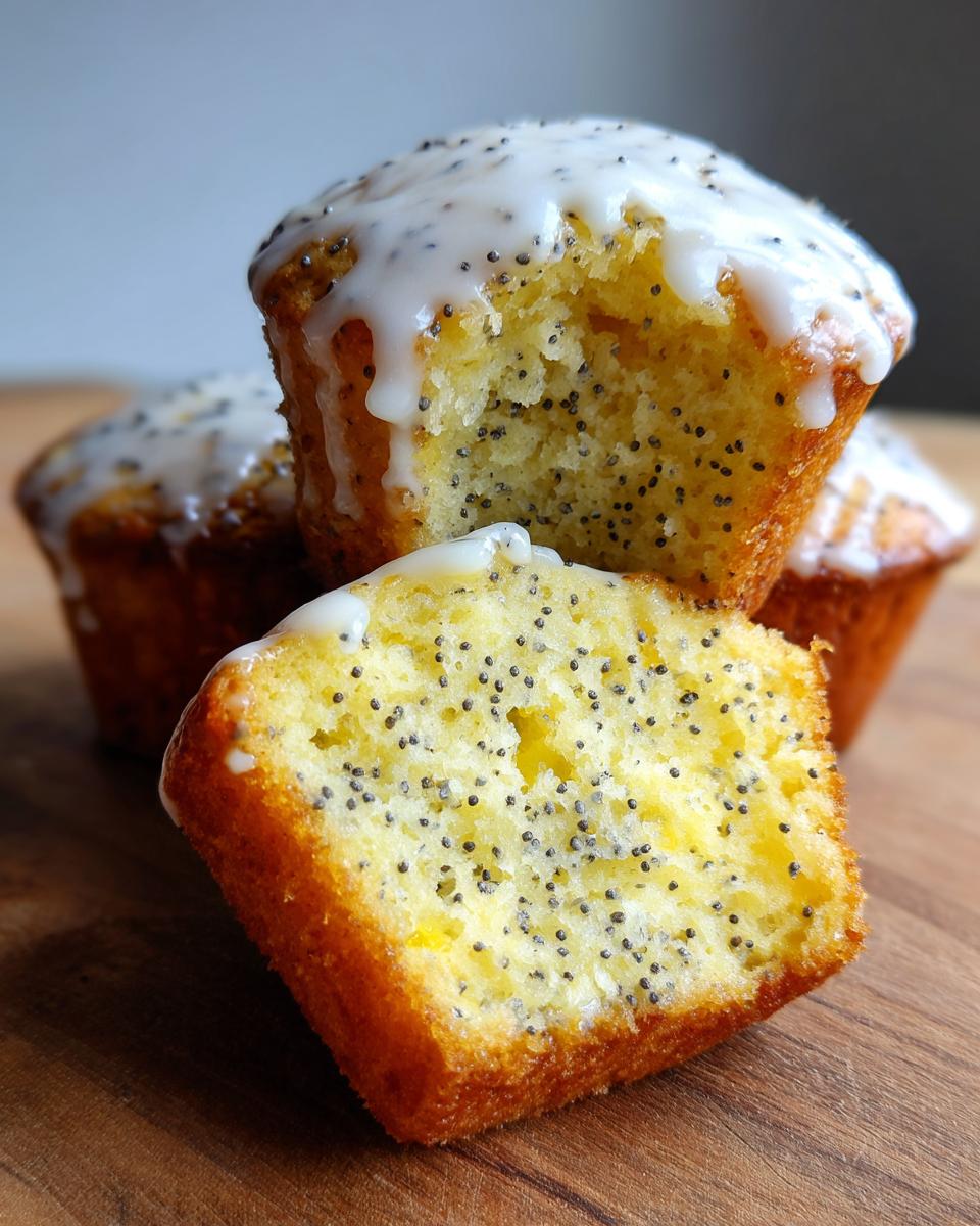 Close-up of a halved lemon poppy seed muffin showing the moist crumb texture and poppy seeds, topped with white lemon glaze.