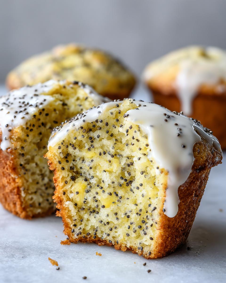 Close-up of a lemon poppy seed muffin cut in half showing the moist interior texture and topped with a thick white lemon glaze.