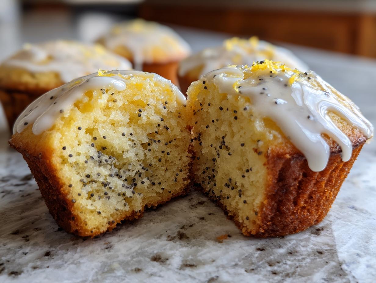 Close-up of a lemon poppy seed muffin cut in half showing the moist interior, topped with lemon glaze and zest.