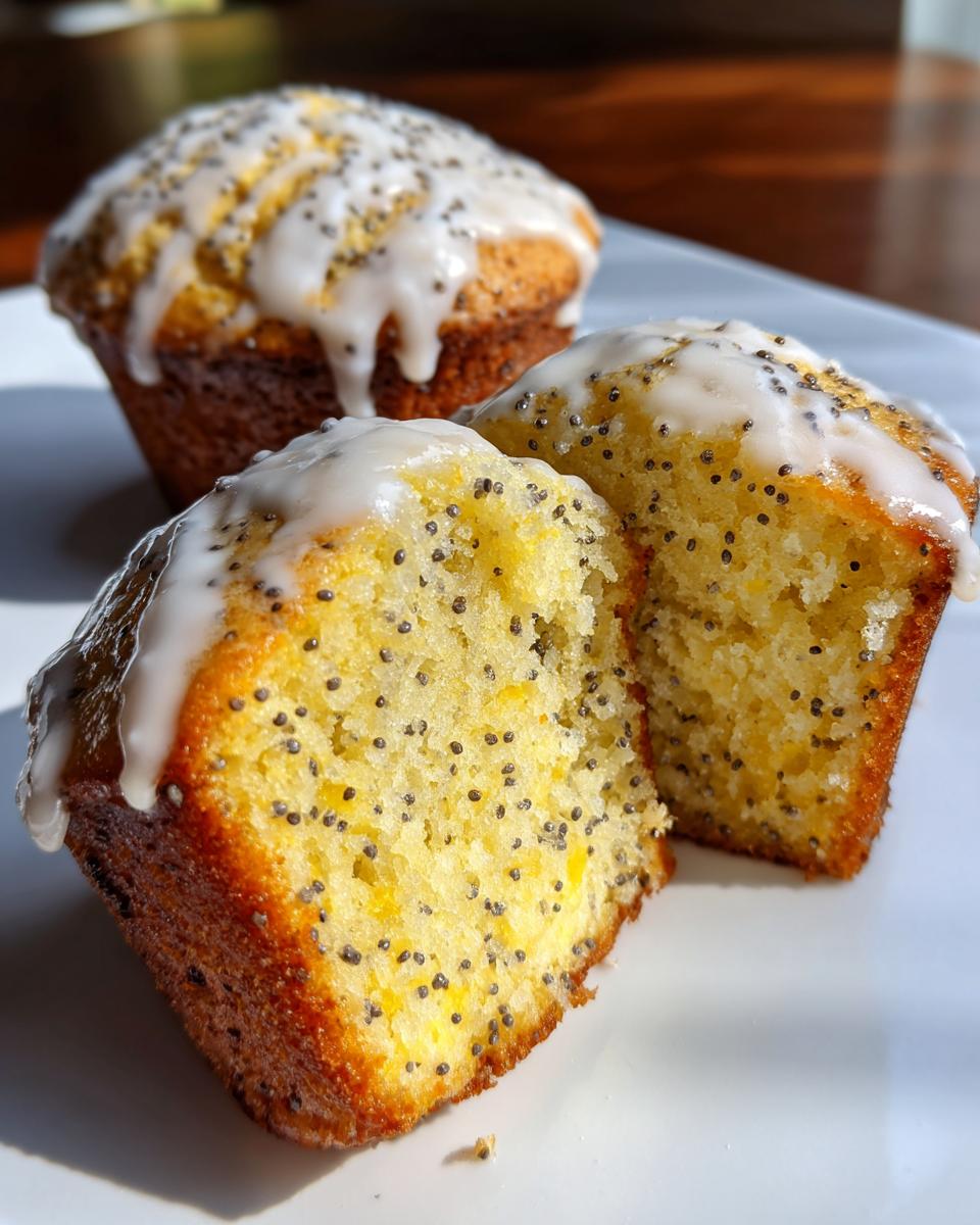 Three moist lemon poppy seed muffins, one cut in half to show the texture, drizzled with white lemon glaze.
