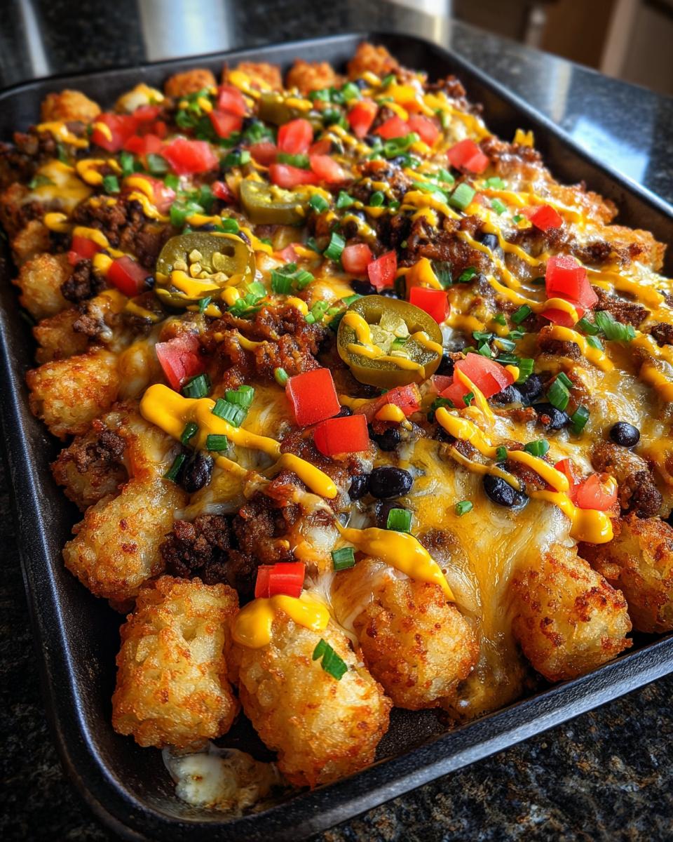 Close-up of a baking sheet full of loaded tater tot nachos topped with melted cheese, ground beef, and fresh toppings.
