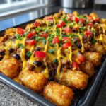 Close-up of crispy tater tot nachos loaded with seasoned beef, black beans, melted cheese, tomatoes, and green onions.