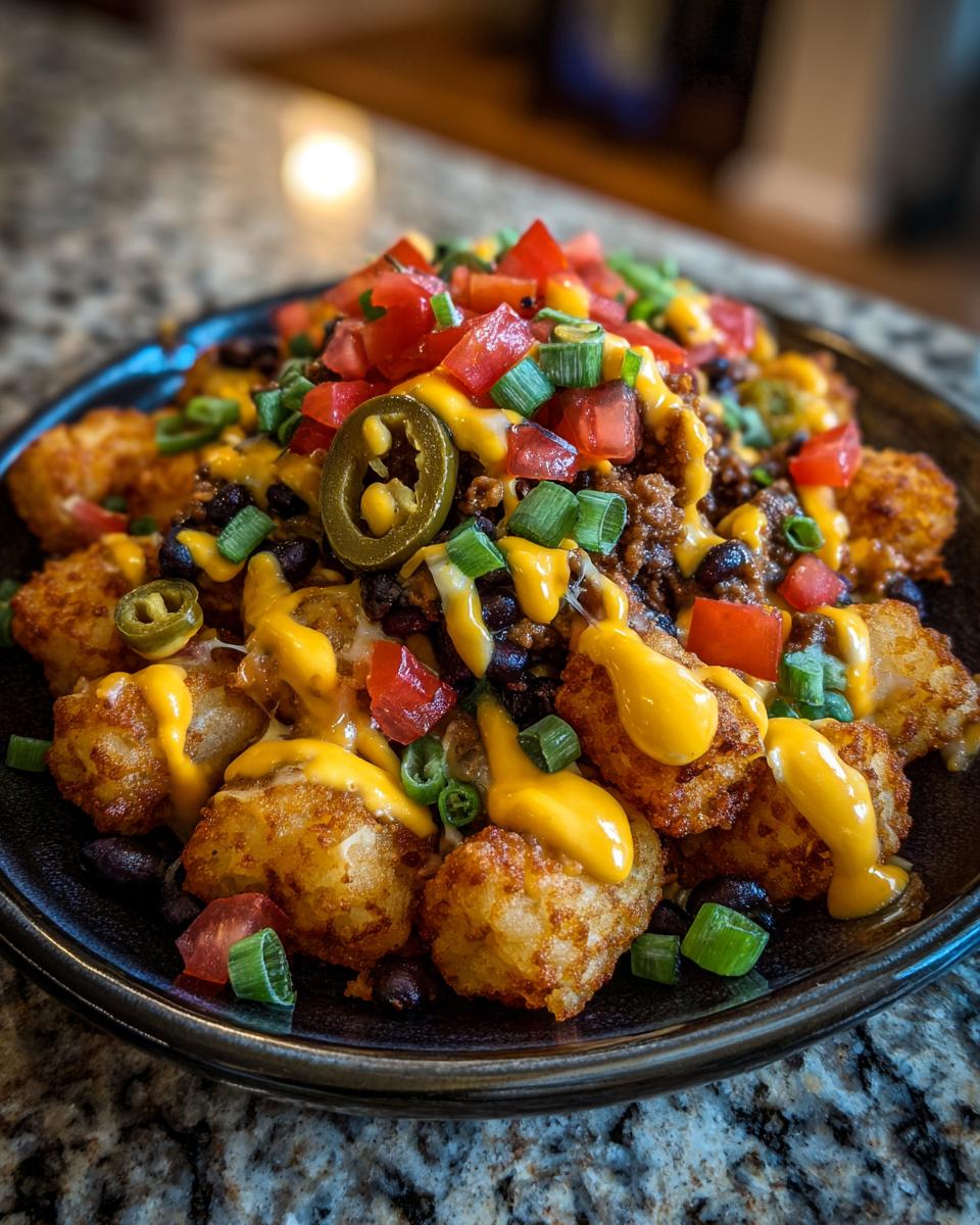 A close-up of a serving of loaded tater tot nachos topped with seasoned ground beef, black beans, cheese sauce, tomatoes, and jalapeños.
