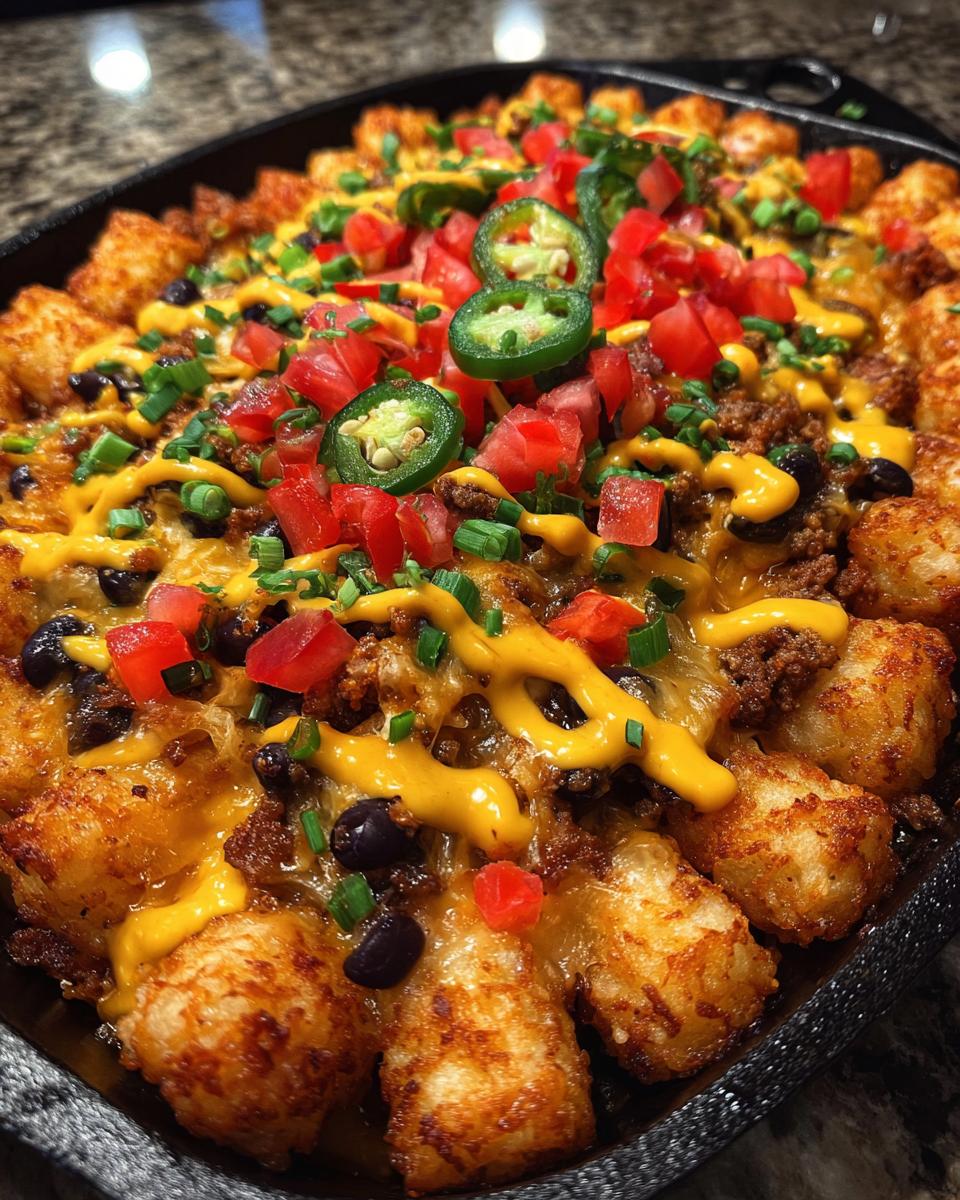 Close-up overhead view of fully loaded tater tot nachos topped with ground meat, cheese sauce, tomatoes, and jalapeños.