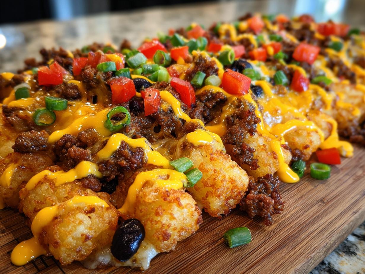 Close-up of crispy tater tot nachos loaded with seasoned ground beef, melted cheese sauce, diced tomatoes, and green onions.