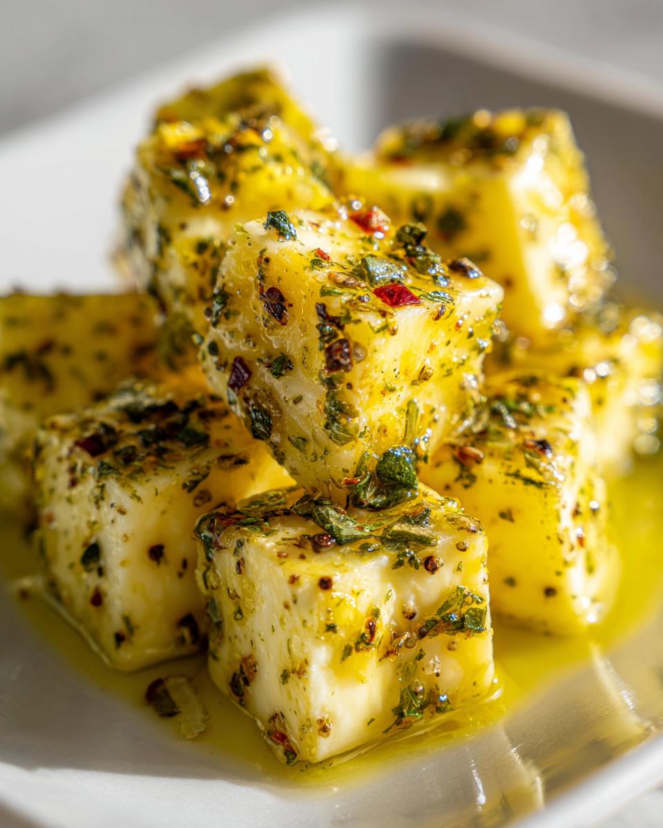 Close-up of cubed marinated cheese coated in olive oil, herbs, and red pepper flakes.