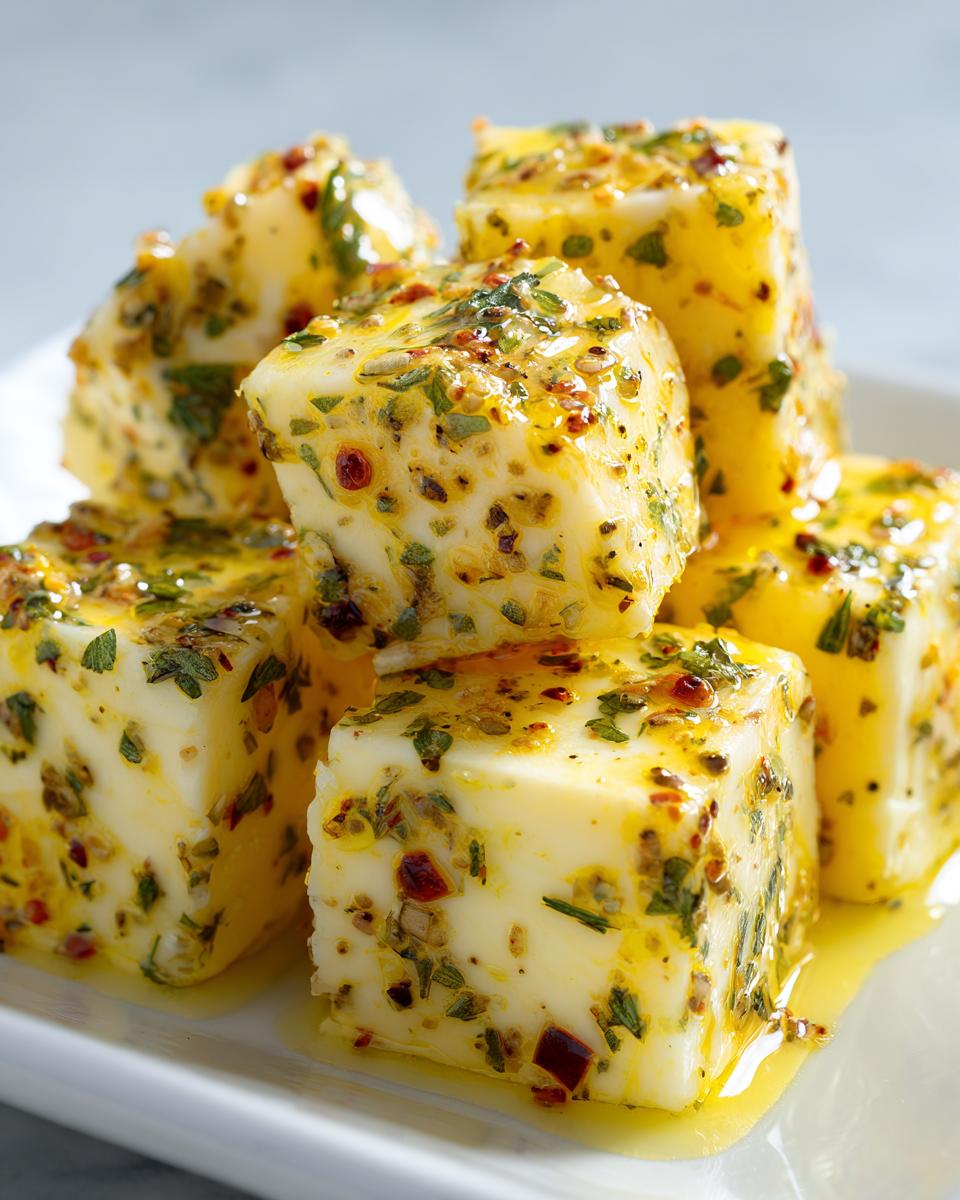 Close-up of several cubes of creamy white marinated cheese stacked on a white plate, coated heavily in oil, herbs, and red pepper flakes.