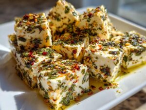 Close-up of white cheese cubes generously coated in herbs and chili flakes, showcasing the delicious marinated cheese.