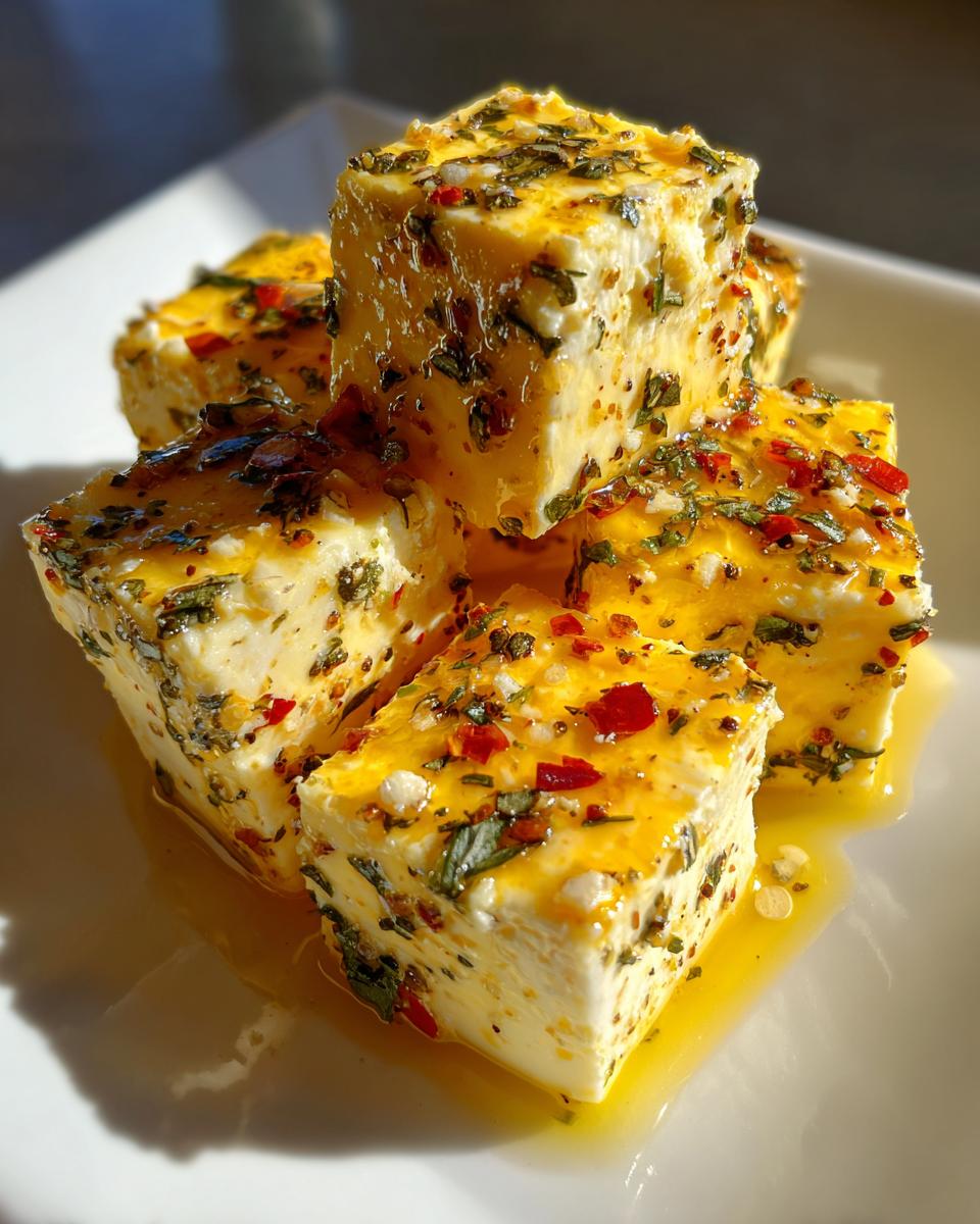 Close-up of stacked cubes of marinated cheese glistening with oil, herbs, and red pepper flakes.