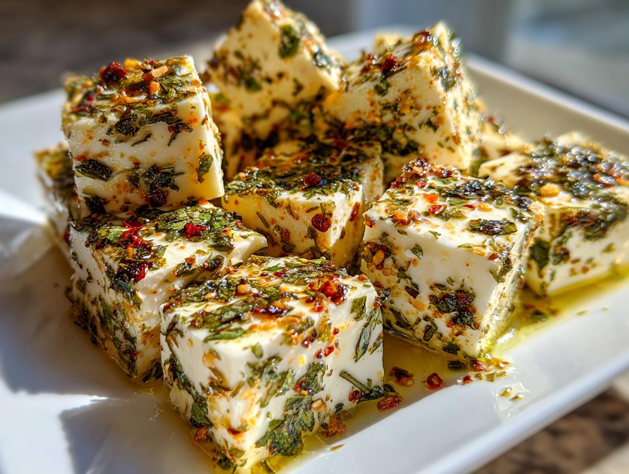 Close-up of white cheese cubes generously coated in herbs and chili flakes, showcasing the delicious marinated cheese.