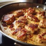 Close-up of seared chicken pieces simmering in a rich, creamy sauce with sun-dried tomatoes, part of the Marry Me Chicken recipe.