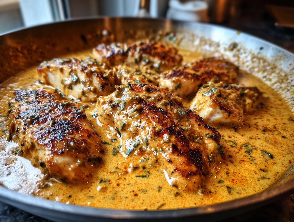 Close-up of seared chicken breasts simmering in a rich, creamy sauce, the signature Marry Me Chicken dish.