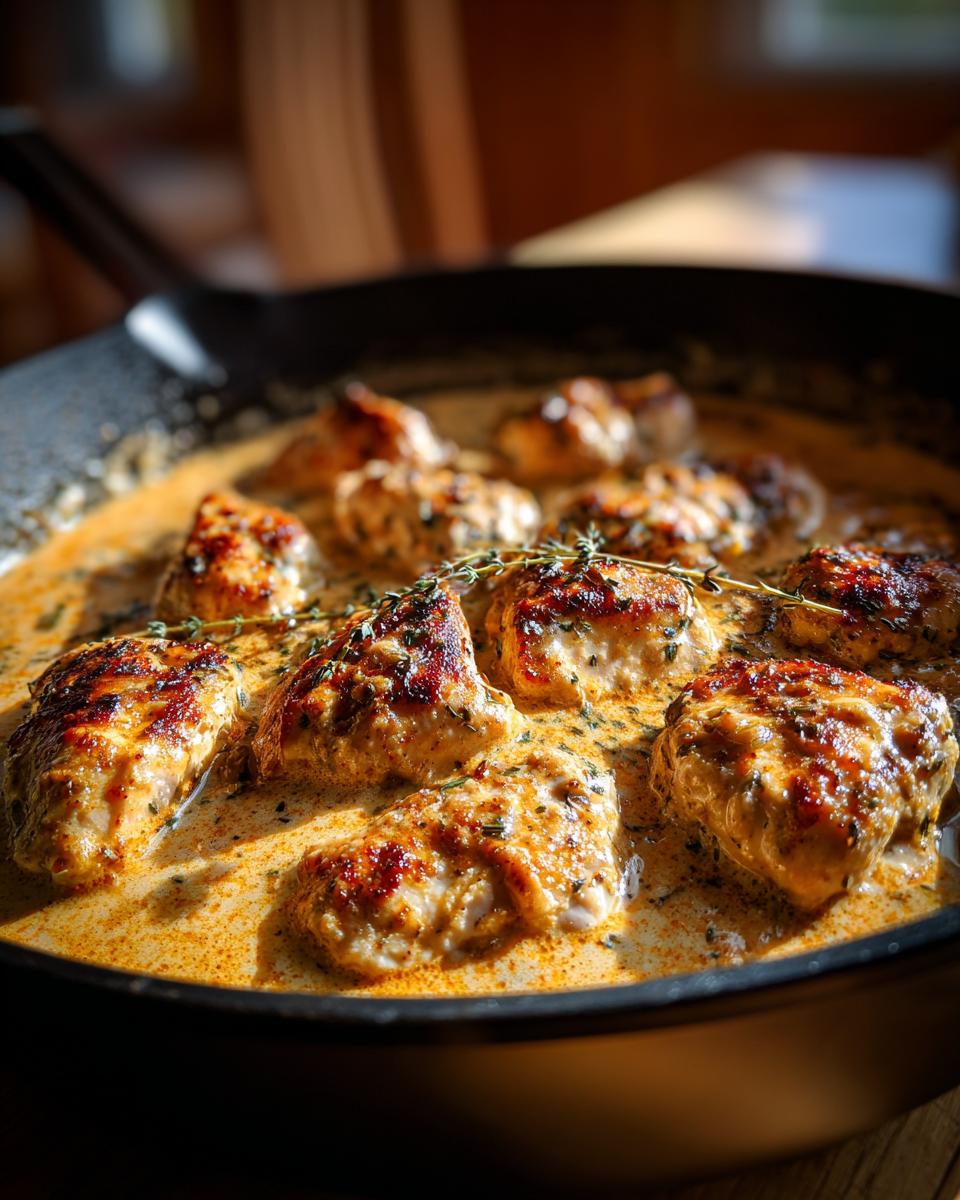 Close-up of seared chicken pieces simmering in a rich, creamy sauce, garnished with herbs, for Marry Me Chicken.
