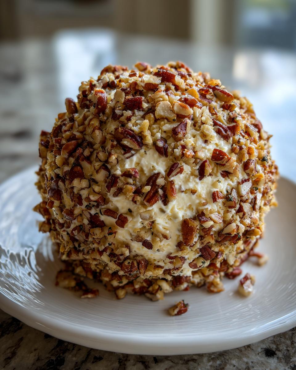 A perfectly formed cheese ball recipe coated entirely in chopped pecans, resting on a white plate.
