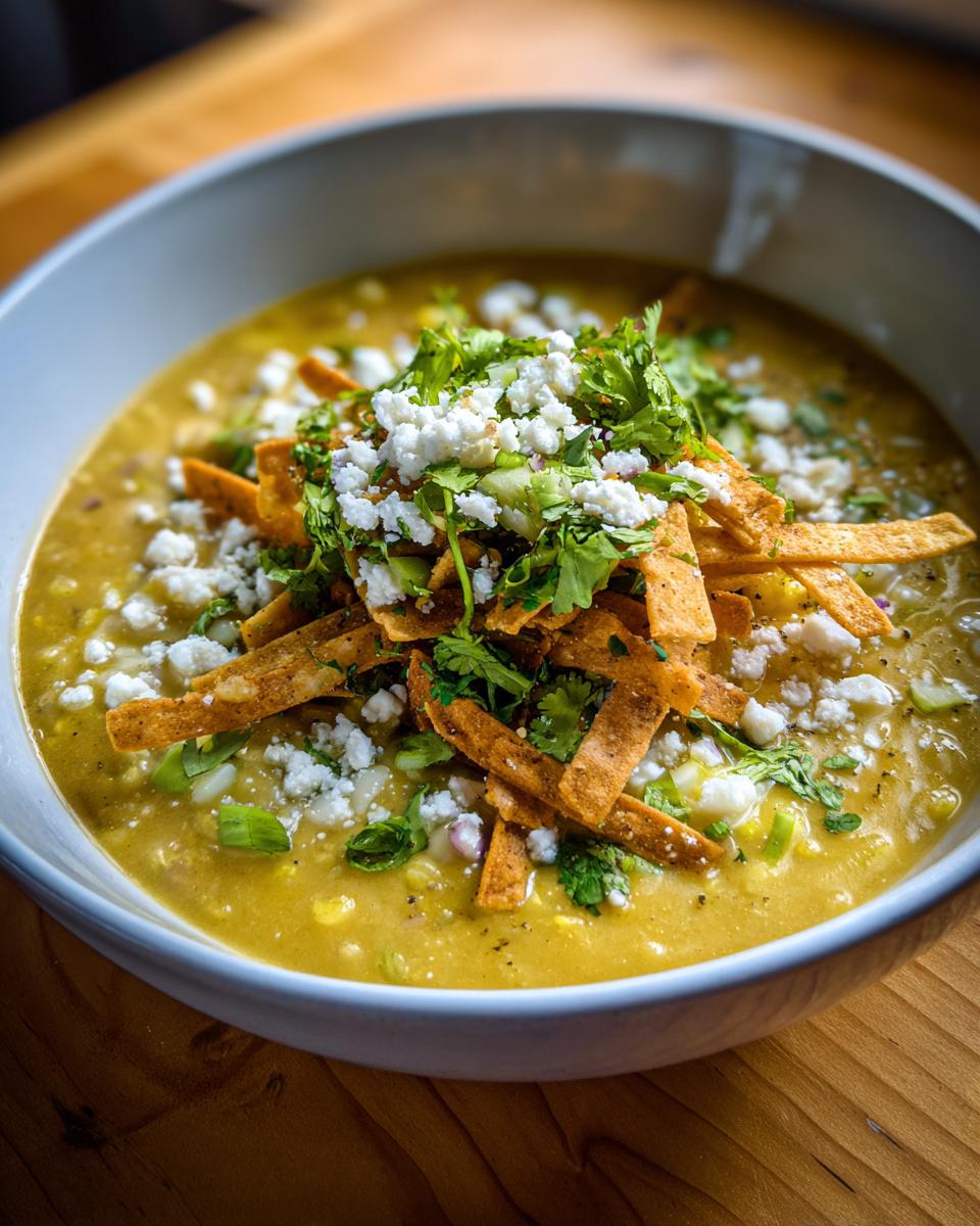 A close-up of a hearty bowl of Mexican street corn soup topped with cotija cheese, cilantro, and tortilla strips.