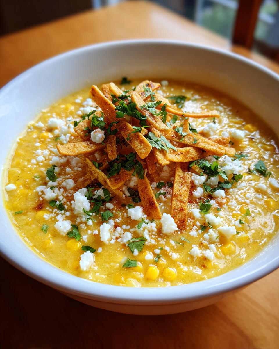 A close-up of a bowl of creamy, yellow mexican street corn soup topped with cotija cheese, cilantro, and tortilla strips.