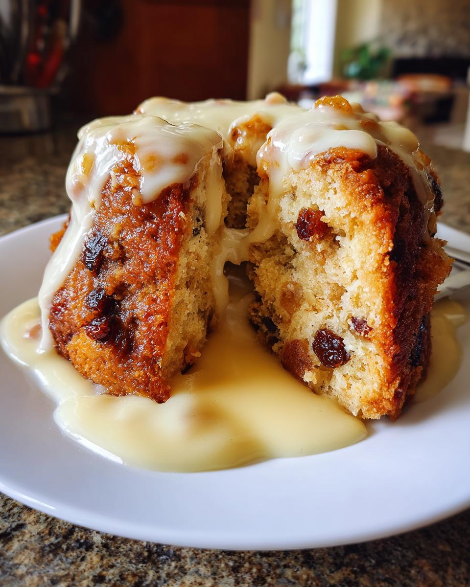 A close-up of moist bread pudding, cut open to show raisins, covered in thick vanilla custard sauce.