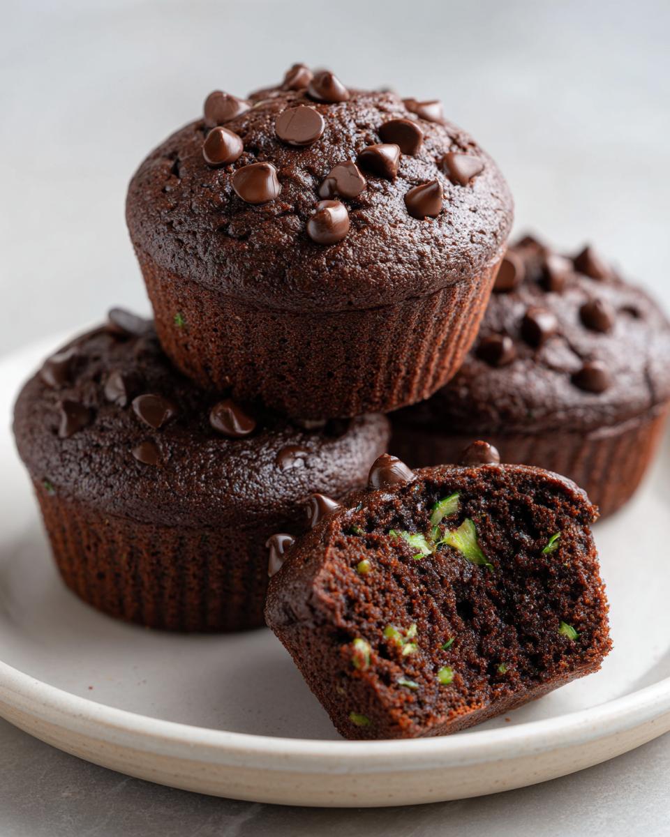 A stack of rich chocolate zucchini muffins topped with chocolate chips, one cut open showing green zucchini shreds.