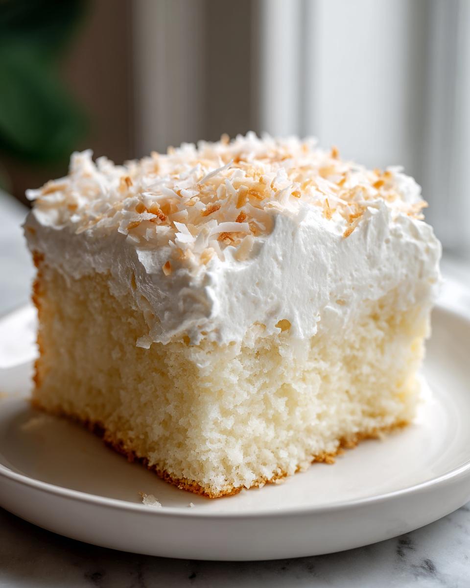 A square slice of moist coconut poke cake topped with whipped cream and toasted coconut flakes.