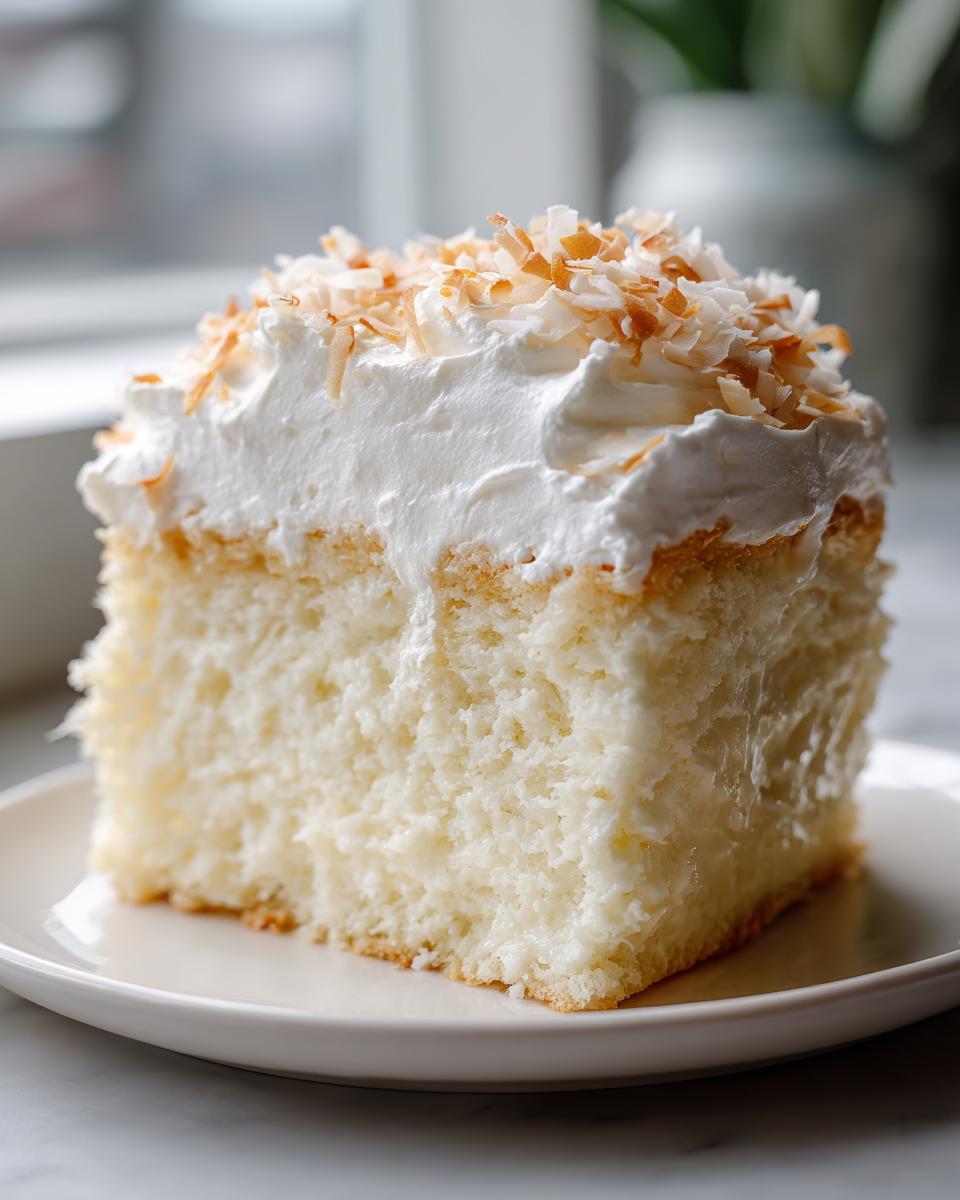 Close-up of a moist slice of coconut poke cake topped with whipped cream and toasted coconut flakes.