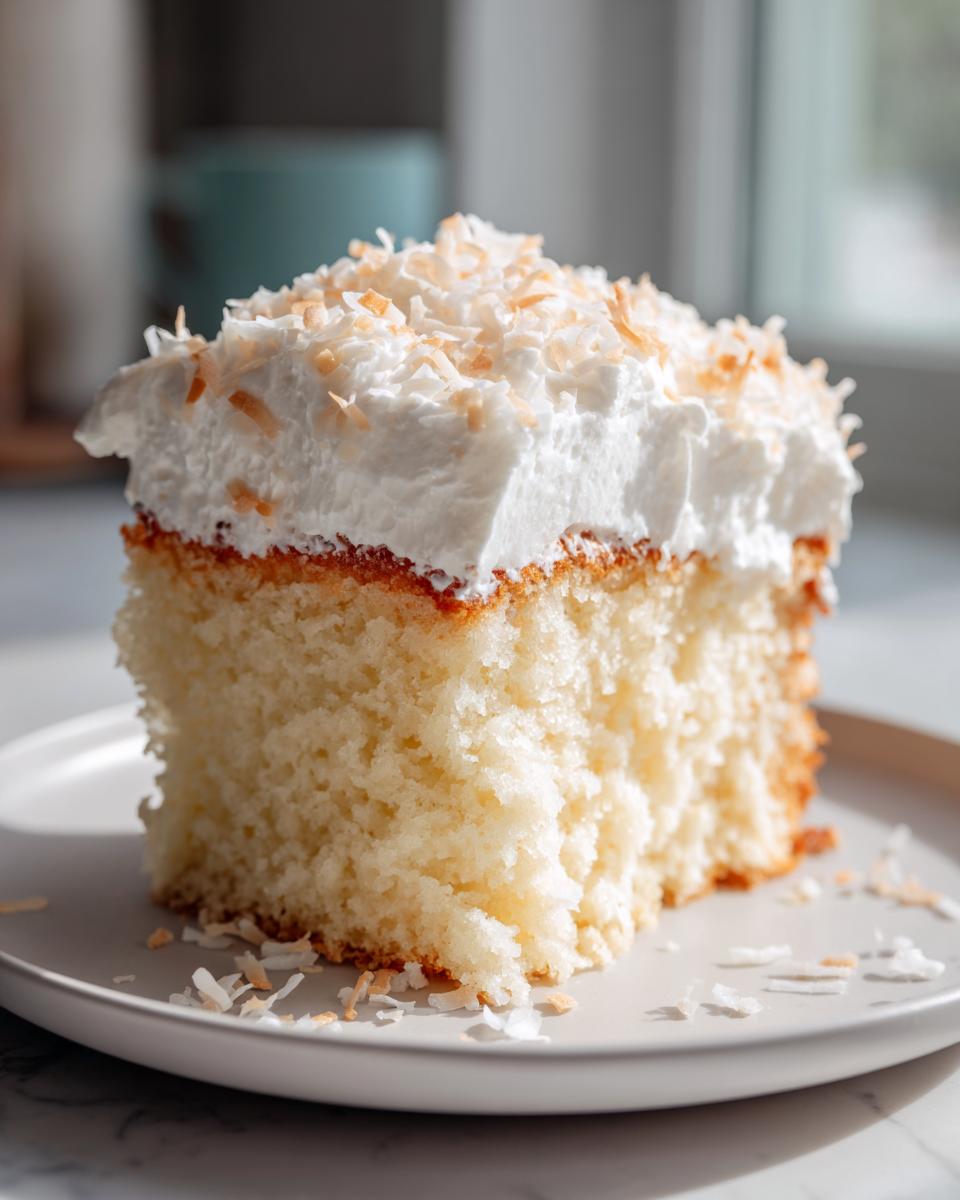 A close-up of a moist slice of coconut poke cake topped with white whipped cream and toasted coconut flakes.