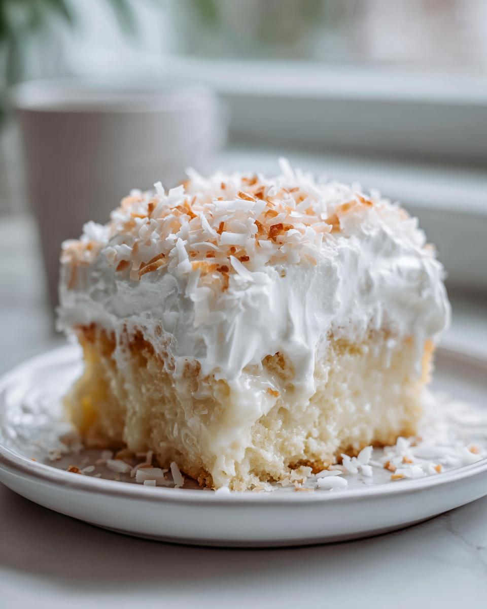 A decadent slice of coconut poke cake topped with white frosting and toasted coconut flakes on a white plate.