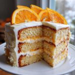 A cross-section view of a three-layer Creamsicle Cake showing moist layers, white frosting, and orange filling, topped with fresh orange slices.