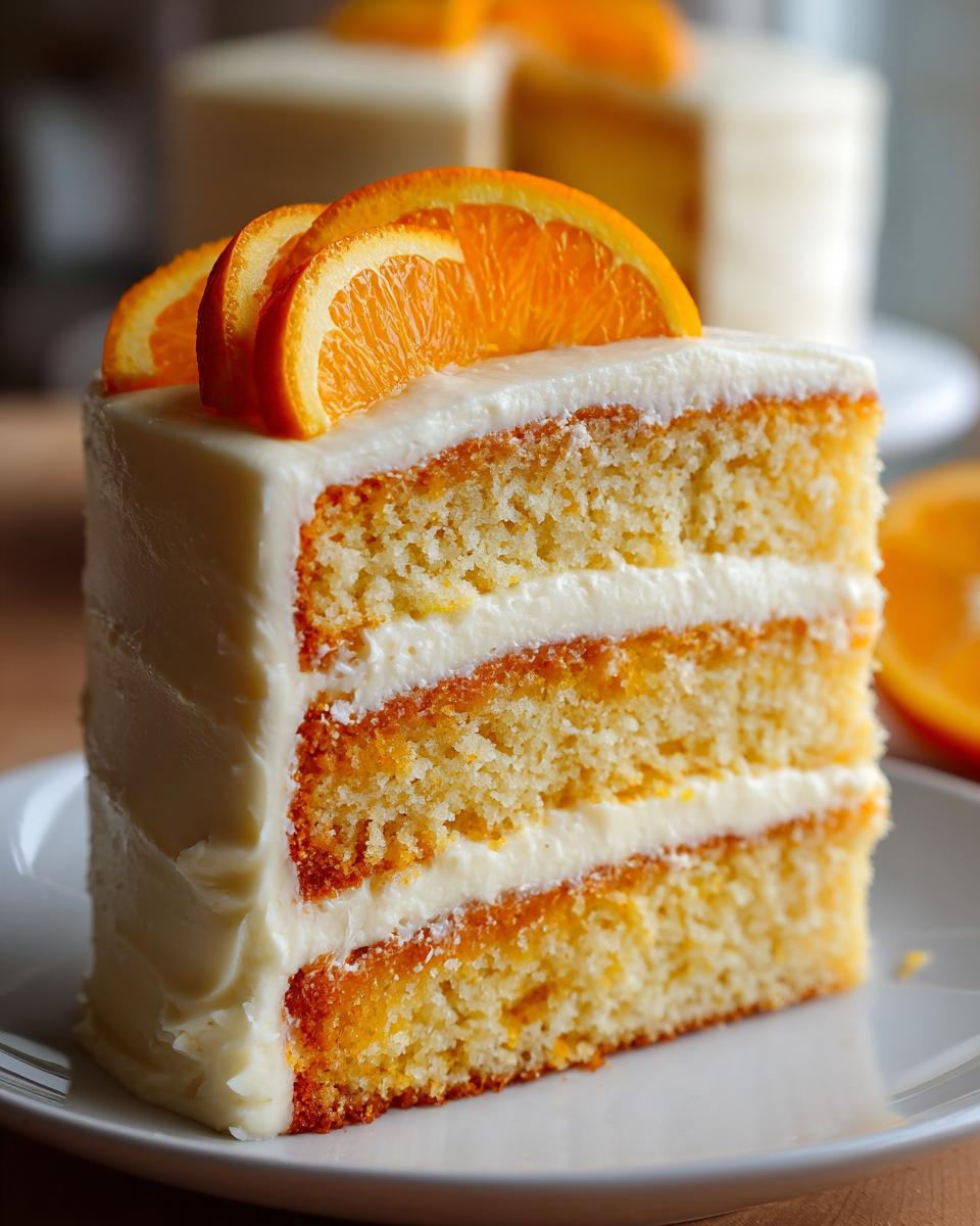 Close-up of a moist slice of three-layer Creamsicle Cake with white frosting and fresh orange slices on top.