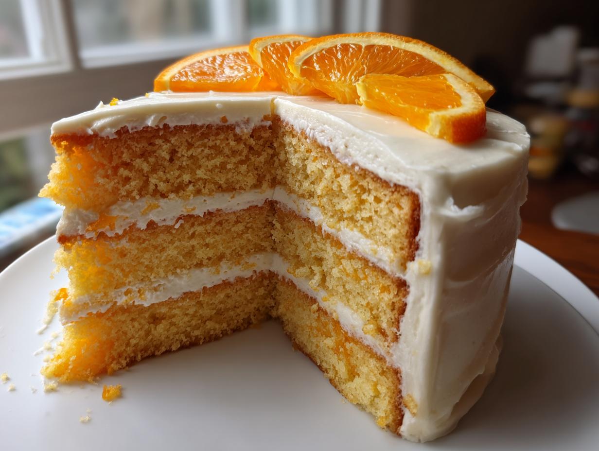A slice cut from a three-layer Creamsicle Cake showing moist orange layers and white frosting.